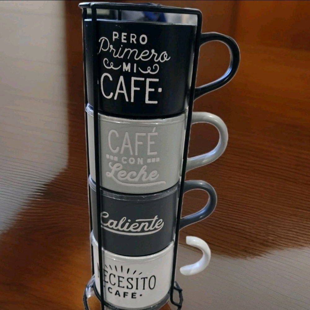4 Stoneware Stackable Coffee Mug Set with Stand  Spanish Coffee Inspired Saying. - Picture 3 of 10